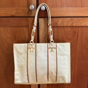 Tory Burch Nico Lux T Cream Patent Tote - vintage